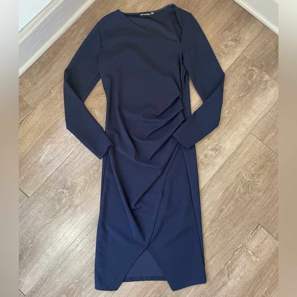 Pretty Little Thing Long Sleeve Dress Size 12 Navy Blue Ruching Slant Neck